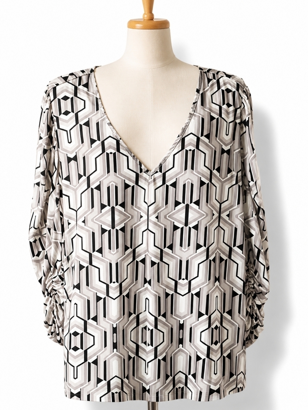 Calvin Klein Women's Neutral Geometric Print Ruched Sleeve Slinky Top XL Career